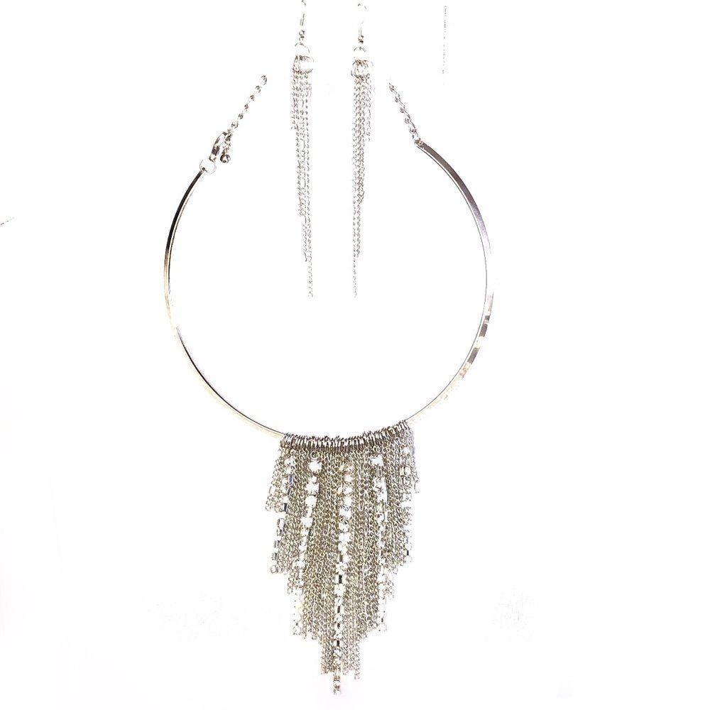 Stunning Set: Necklace with Matching Earrings, Silver-Toned, Clear Rhinestones
